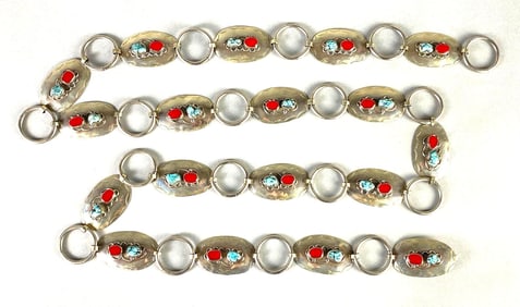 Native American Style Turquoise and Red Coral Metal Linked Belt