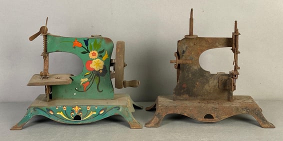 Group of 2 Vintage Pressed Steel Hand Operated Sewing Machines
