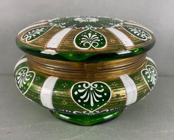 Antique Green Vaseline Glass Hand Painted Powder Jar