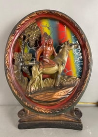 Native American on Horseback Plaster and Glass Tabletop Lamp