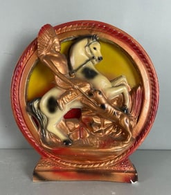 1936 Native American on Horseback Chalk and Glass Tabletop Lamp