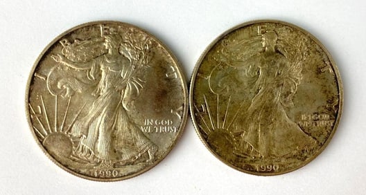 Group of (2) 1990 US Silver American Eagle 1oz Silver Dollars