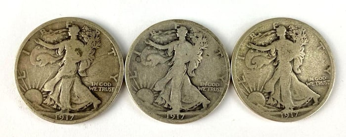 Group of (3) 1917 Walking Liberty Silver Half Dollars