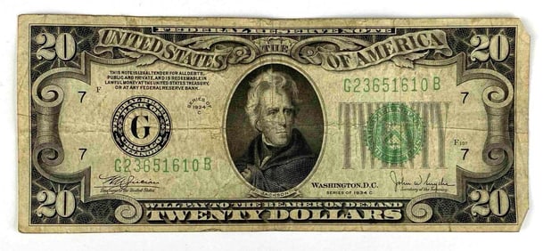 1934 Jackson Green Seal 20 Dollar Bill