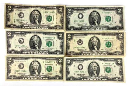 Group of 6 Green Seal 2 Dollar Bills