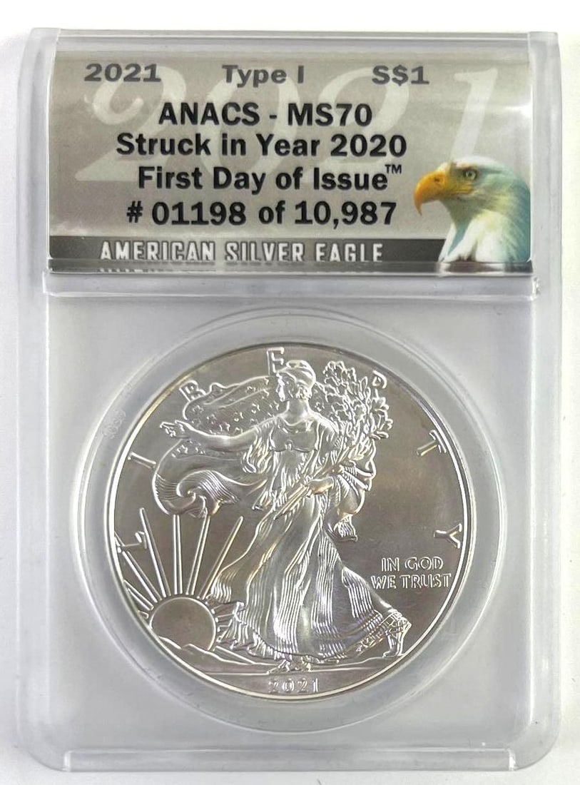 2021 Type 1 Struck in 2020 US Mint Silver American Eagle First Day Issue ANACS MS70 (1 of 2)