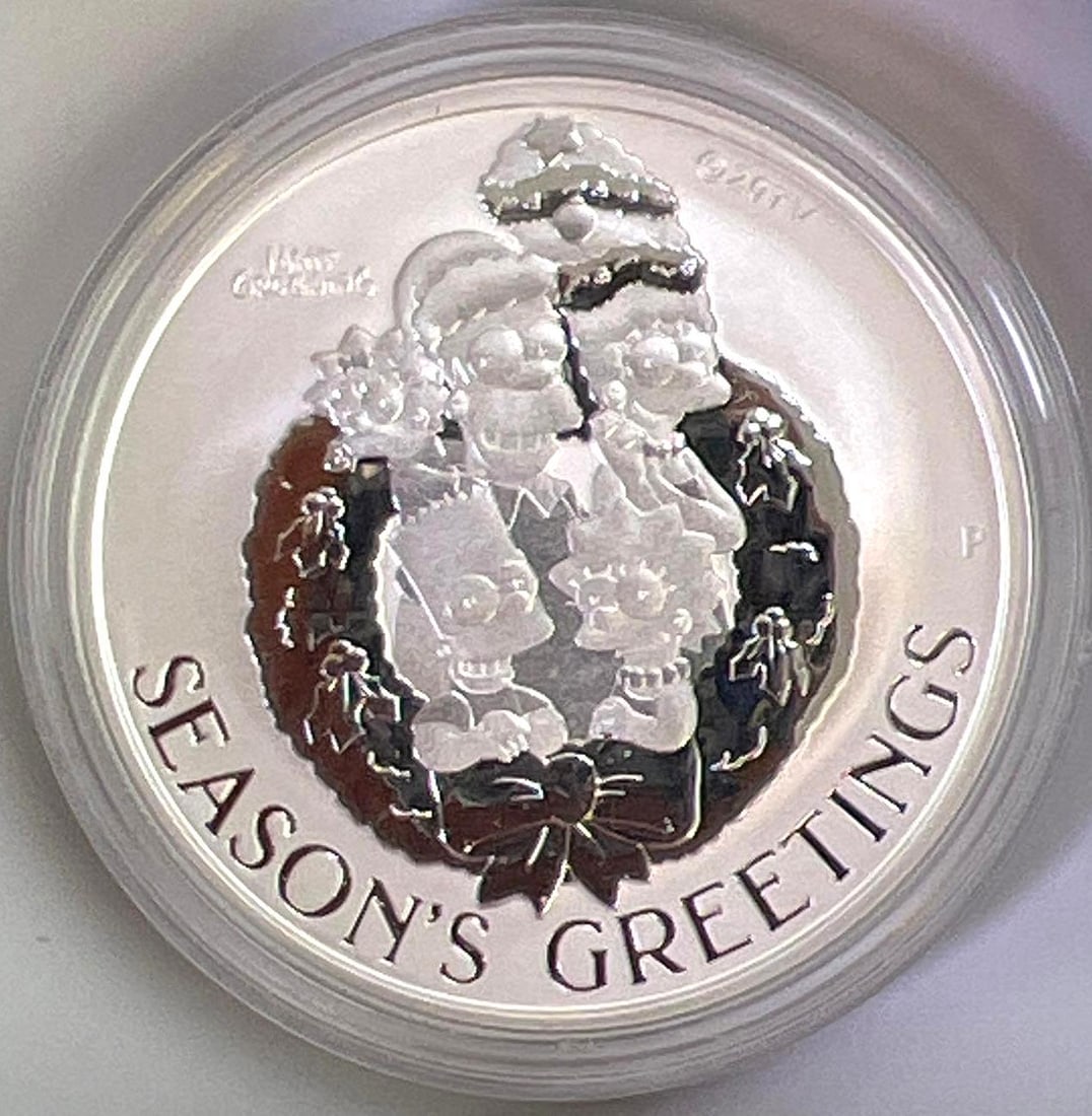 2022 Tuvalu Simpson Family Season Greetings 1 oz .9999 Fine Silver Round Proof Like in Cap: 2022 Tuvalu Simpson Family Season Greetings 1 oz .9999 Fine Silver Round Proof Like in Cap