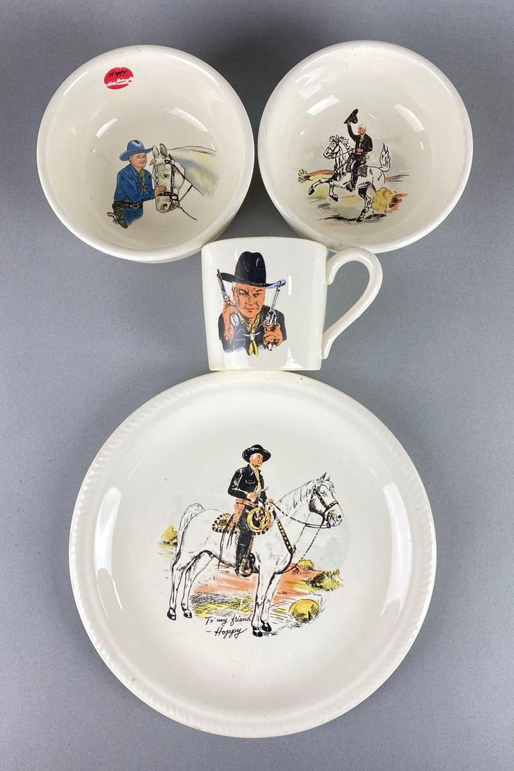 Group of 4 Hopalong Cassidy Dishware: Includes 2 bowls, a plate and a mug. Largest measures 3/4 x 9 x 9 inches.