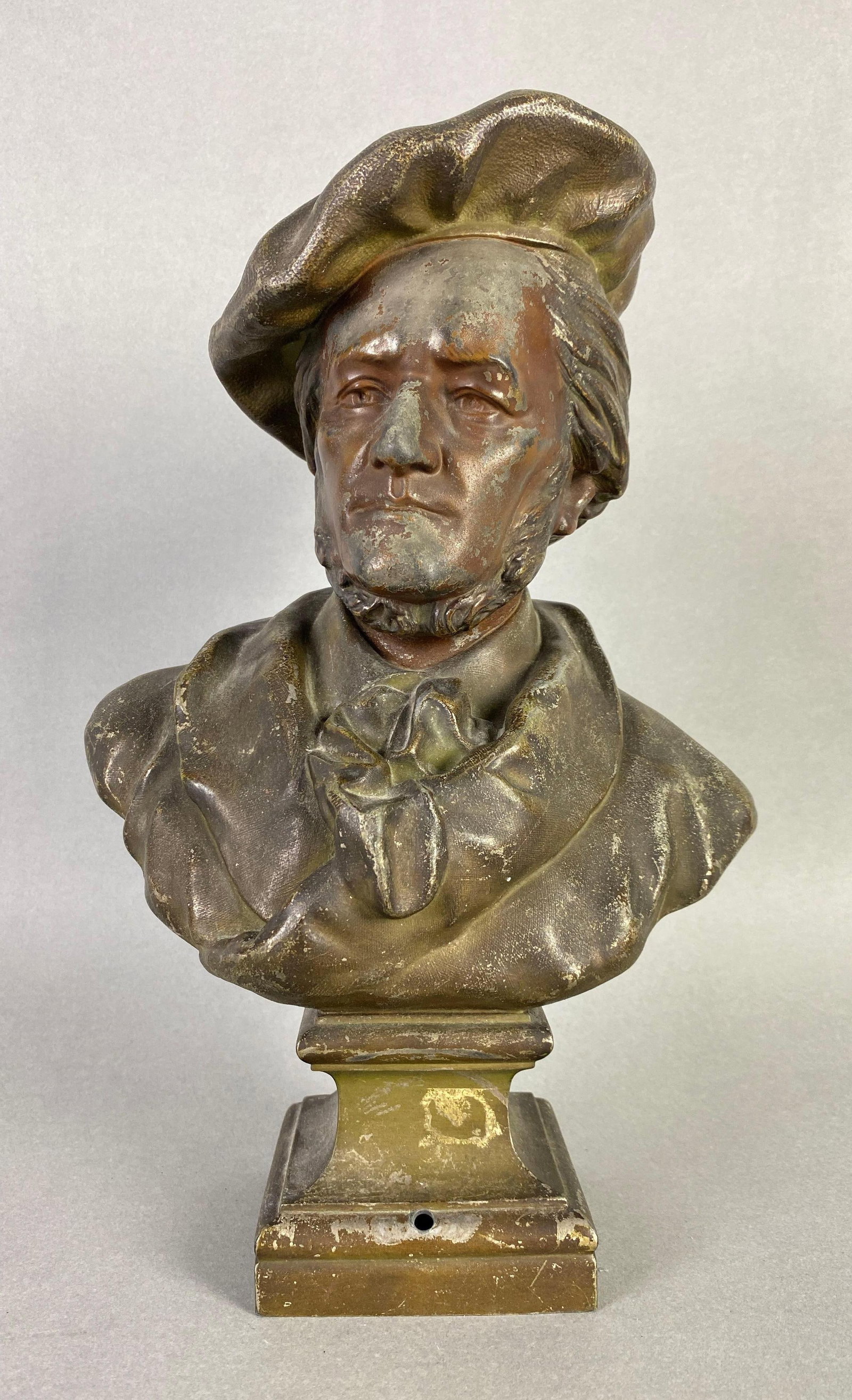 Antique Wilhelm Richard Wagner Music Composer Cast Metal Bust: Scratches throughout, missing adornment on front of bust, measures 11 1/2 x 8 x 5 inches