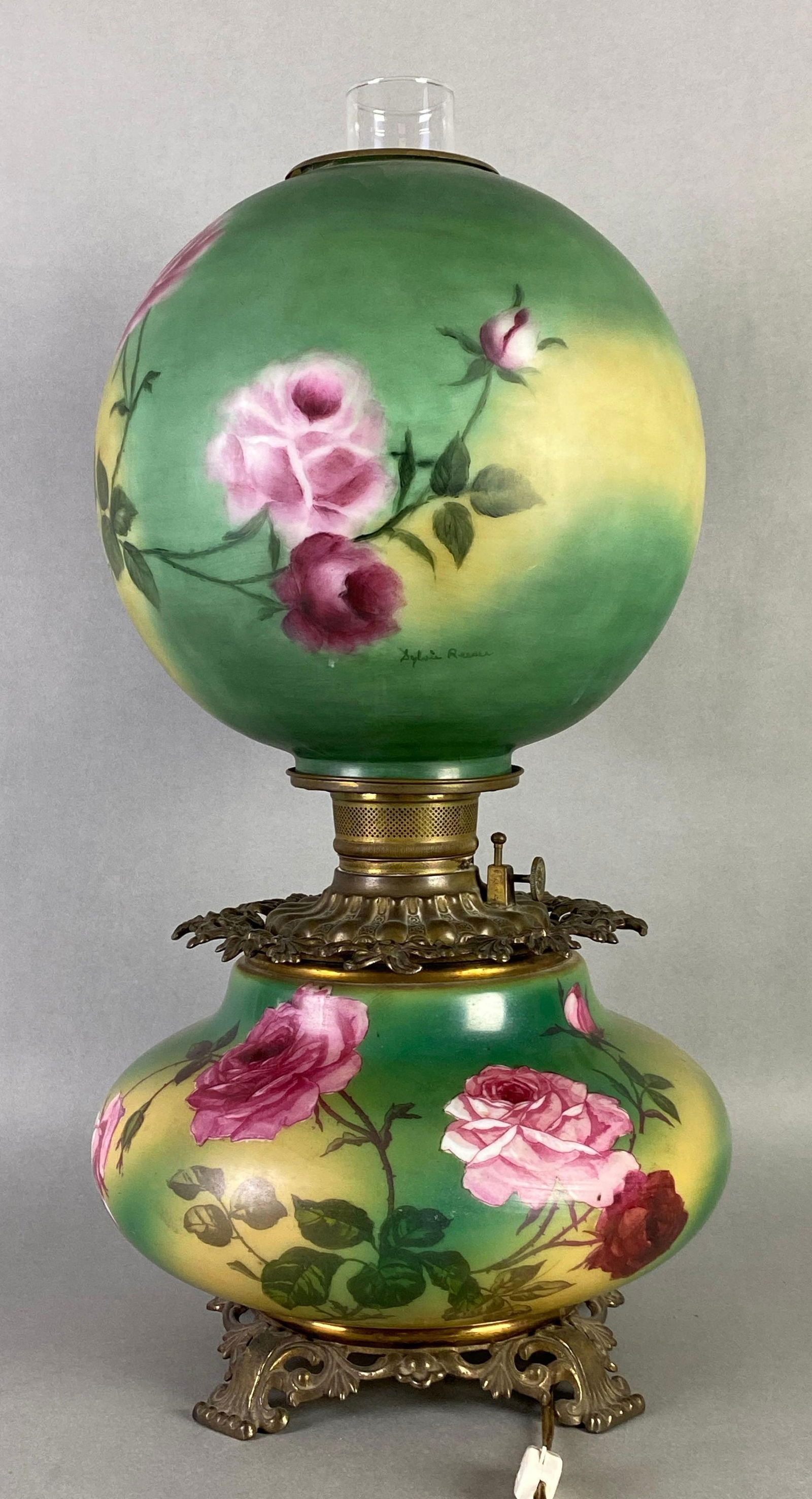 Victorian Signed Hand-Painted Roses Electrified Parlor Lamp (1 of 5)