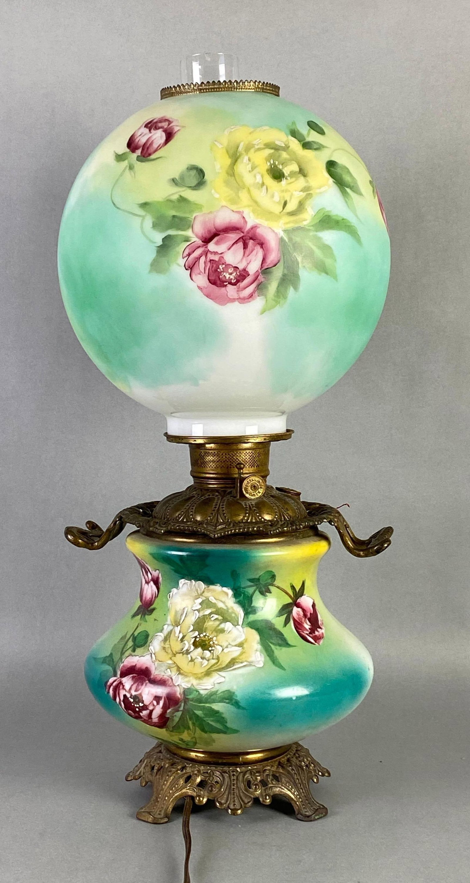 Victorian Hand-Painted Floral Handled Electrified Parlor Lamp (1 of 4)