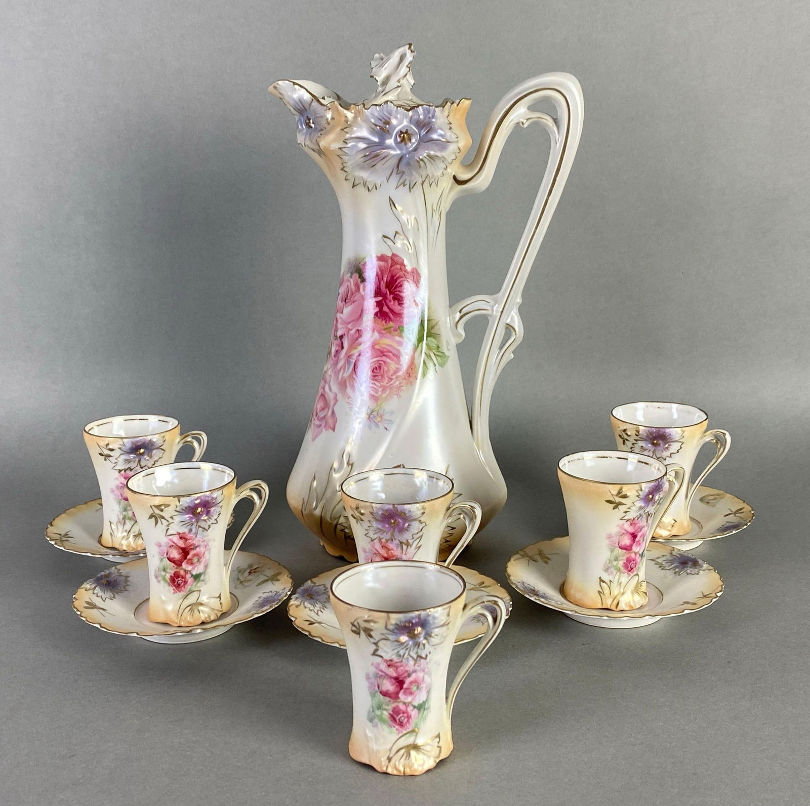 Antique RS Prussia Hand-Painted Floral Motif Chocolate Set (1 of 4)