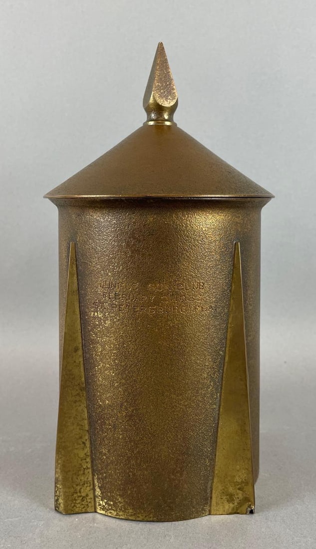 1932 Florida Jungle Gun Club Brass Tobacco Humidor: February 2, 1932. St. Petersburg FLA. measures 8 1/4 x 4 1/4 inches