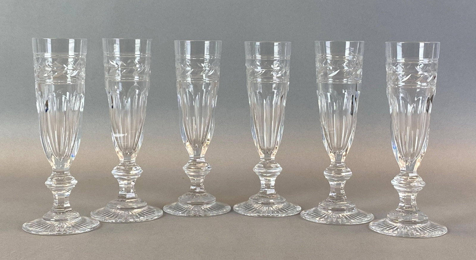 Set of 6 Baccarat Cut Crystal Jonzac Pattern Champagne Flutes: Jonzac pattern, each marked on base, each measures 7 x 2 3/4 x 2 3/4 inches