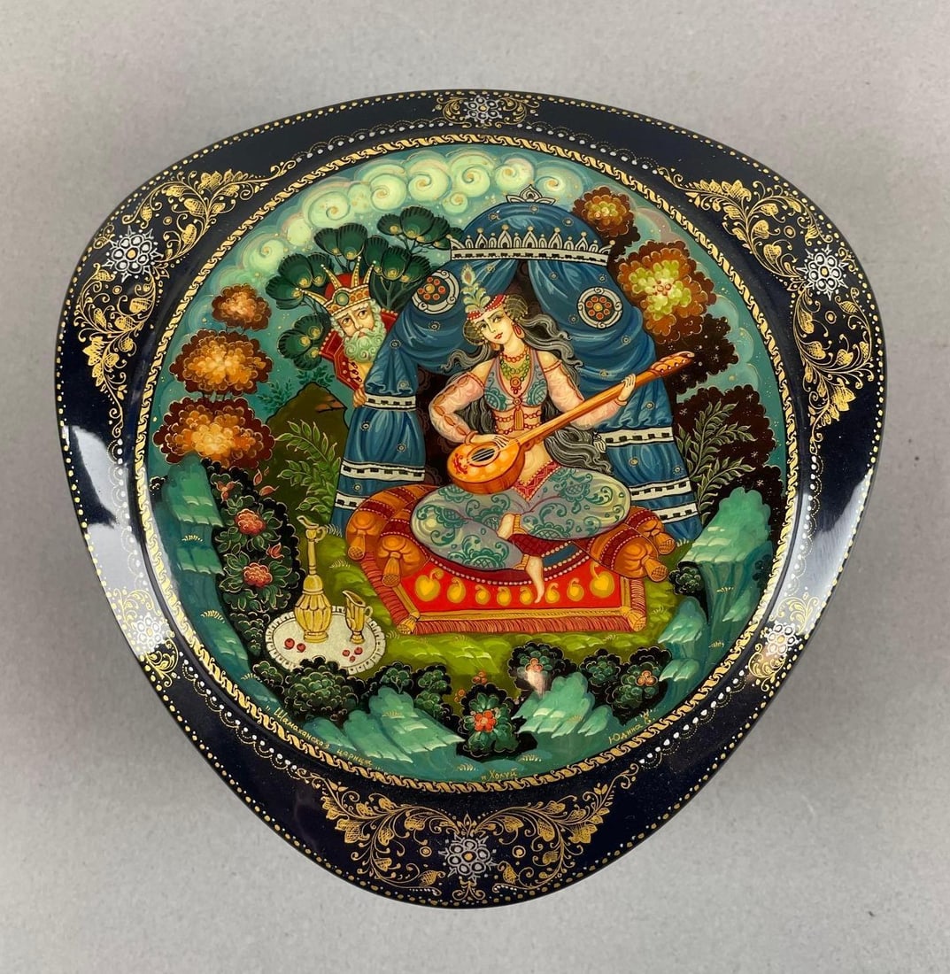 Lacquered Fairy Tale Trinket Box: Dark navy blue. Measures 2 x 5 1/2 x 5 1/2 inches