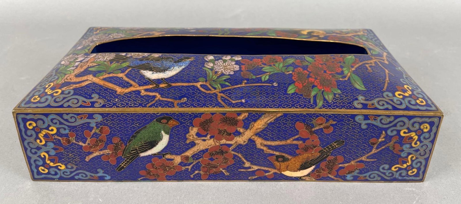 Cloissonne Bird and Flowers Metal Tissue Box Cover: Measures 2 1/2 x 10 x 5 inches