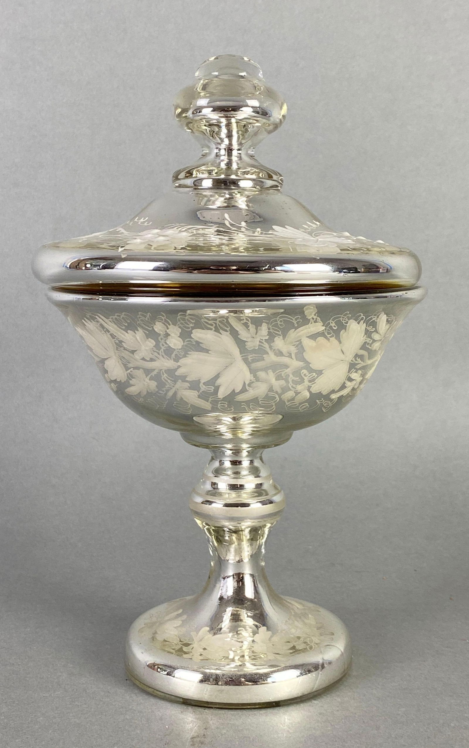 Antqiue Floral Mercury Glass Ciborium: Measures 8 3/4 x 5 x 5 inches