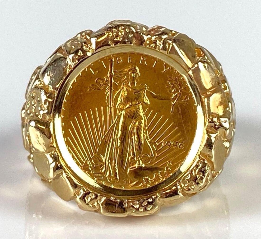 US Gold Eagle Coin Ring with 14K Gold Nugget Bezel (1 of 7)