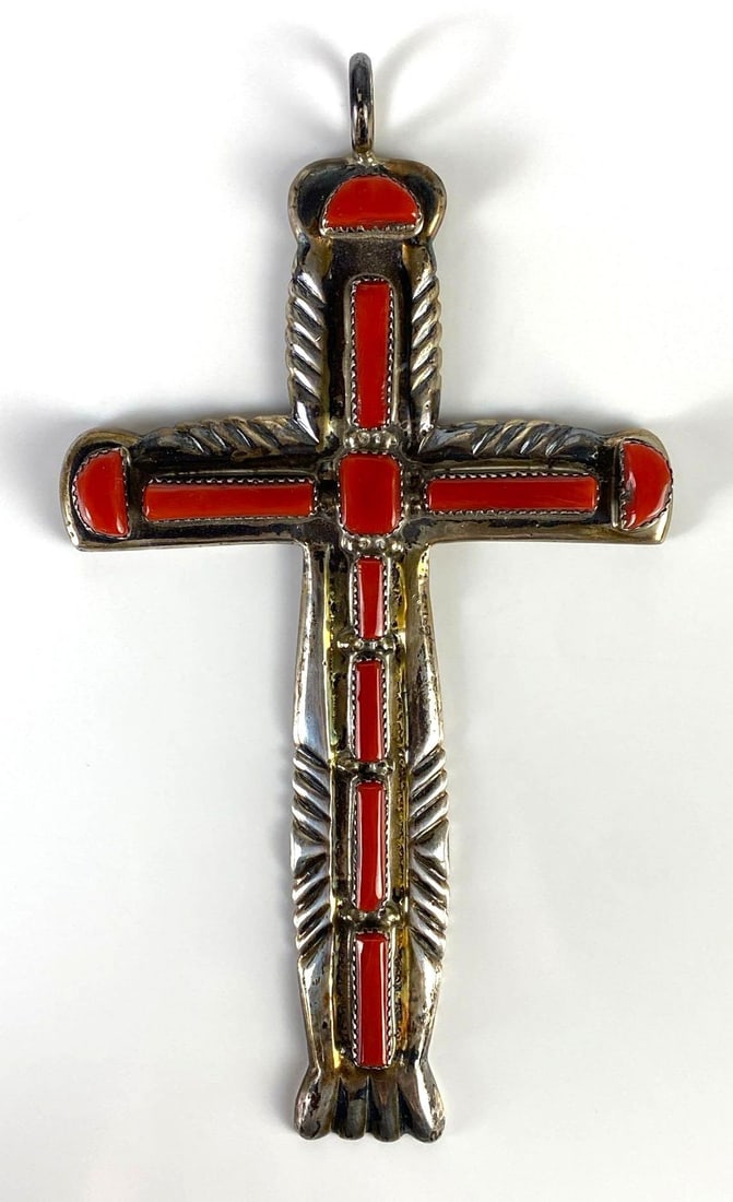 Lupe Iule Zuni Sterling Silver Red Coral Cross Necklace Pendant (1 of 3)