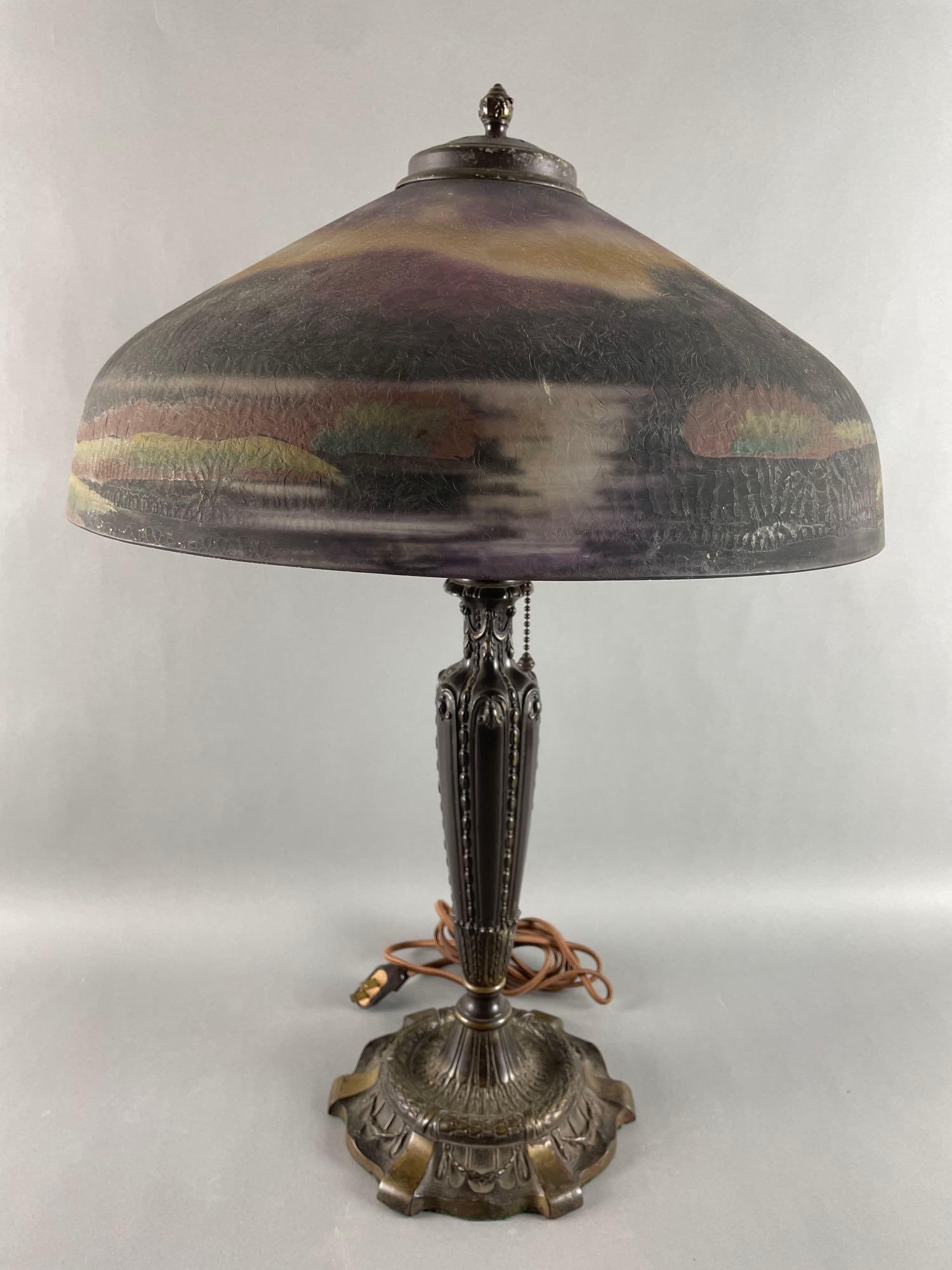Antique 1920s Pittsburgh Lamp Co. Reverse Painted Mountain Lake Scene Table Lamp (1 of 6)