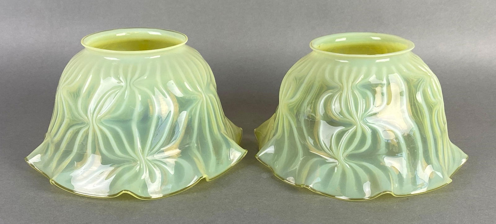 Group of 2 Antique Vaseline Glass Pinched Ribbed Ruffled Lamp Shades (1 of 4)