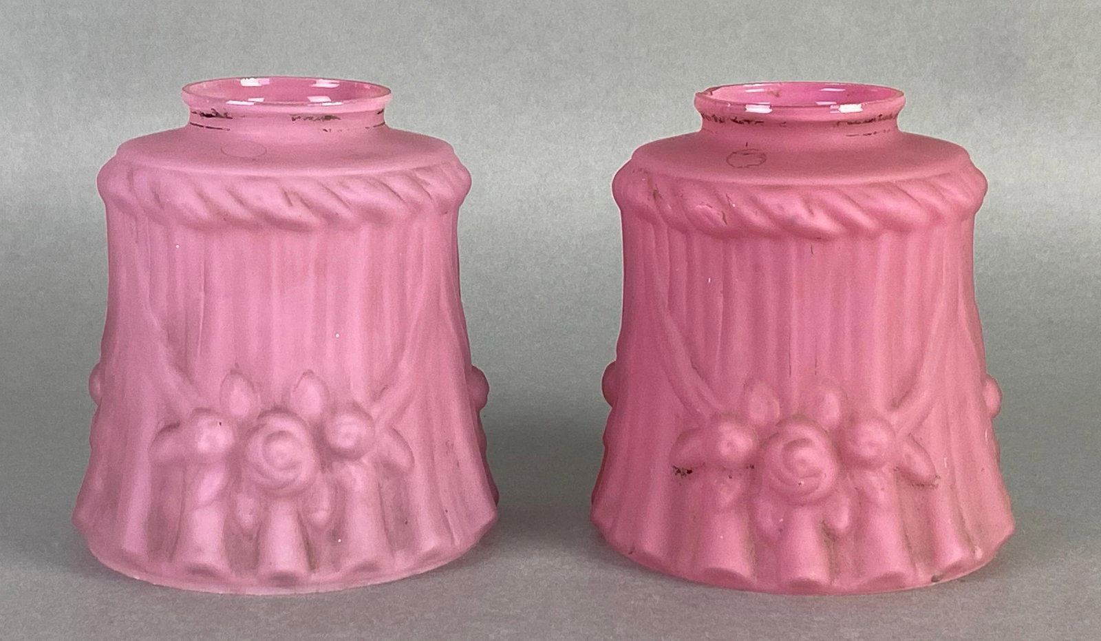 Group of 2 Antique Pink Drapery and Flora Glass Lamp Shades: each measures 4 3/4 x 4 1/4 inches, fitter measures 2 fitting