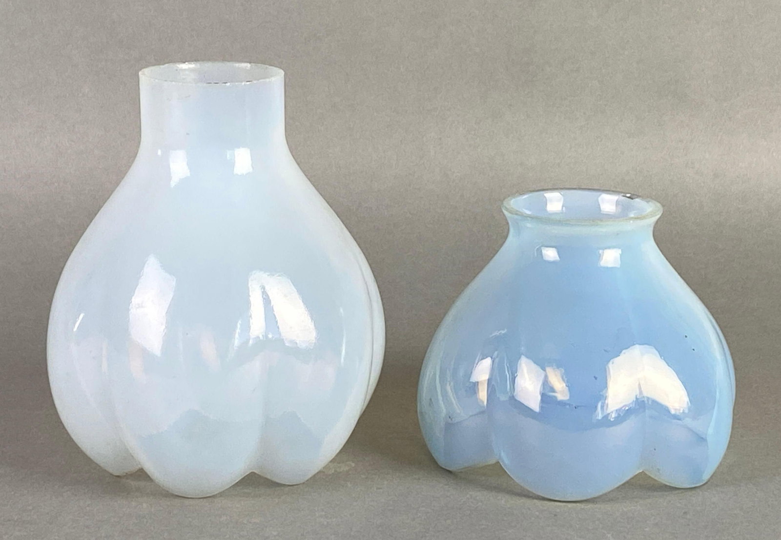 Group of 2 Antique Opalescent Tulip Glass Lamp Shades: Largest measures 5 1/2 x 4 inches, fitter measures 2 inches