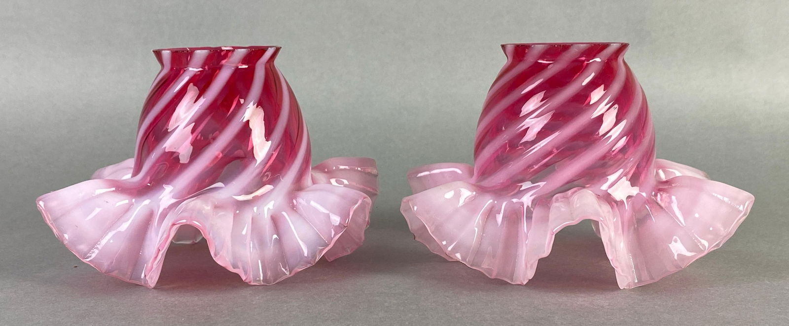 Group of 2 Antique Cranberry Pink Opalescent Swirl Glass Lamp Shades (1 of 4)