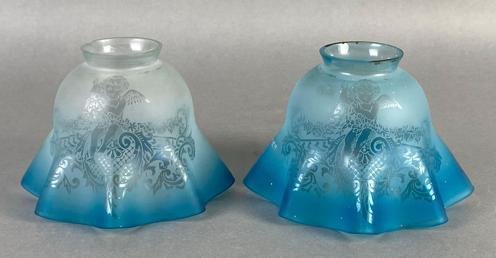 Group of 2 Antique Blue Frosted Angel Etched Glass Lamp Shades (1 of 6)