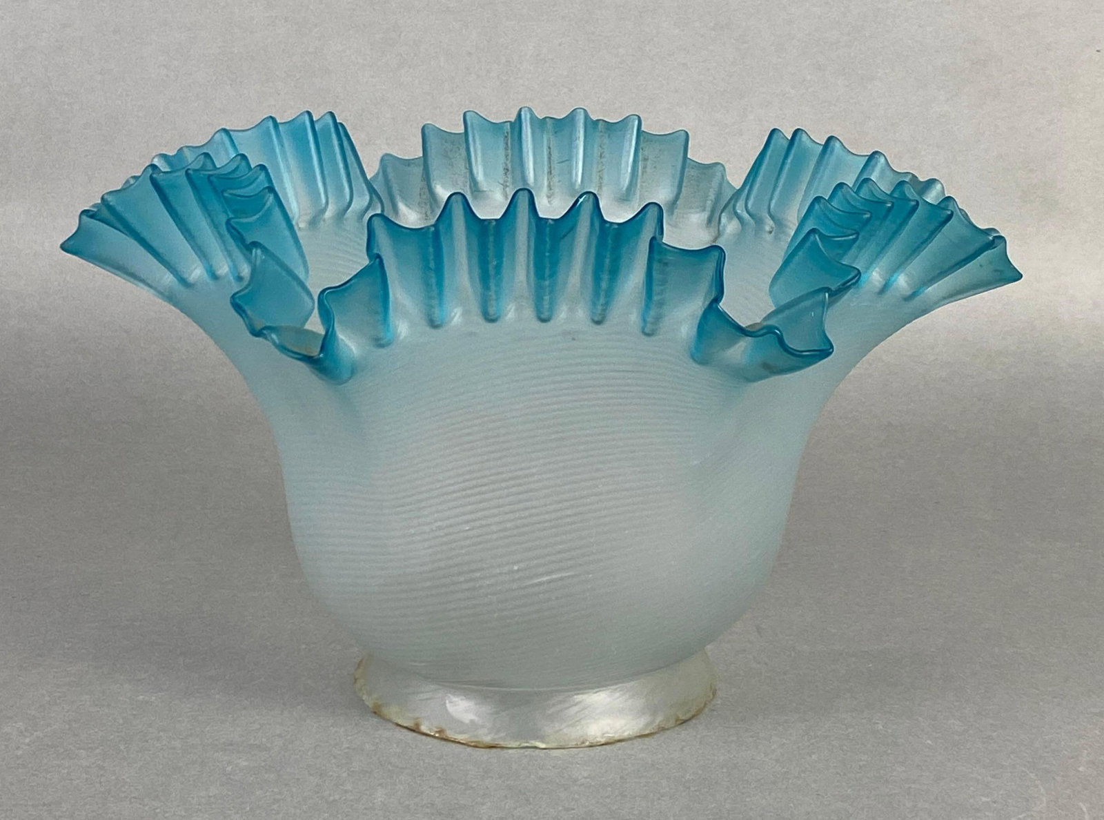Antique Frosted Ruffled Ribbon Blue Spiral Glass Lamp Shade: Measures 5 3/4 x 10 inches, fitter measures 3 3/4 inches