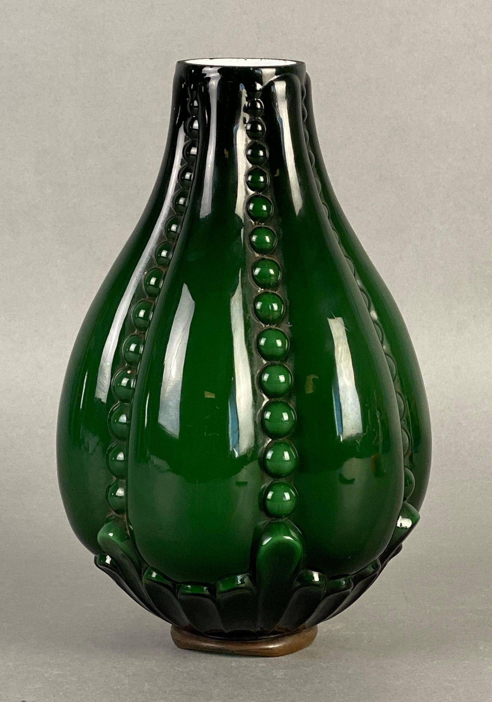 Antique Green Cased Paneled Beaded Student Lamp Glass Vase: Measures 8 3/4 x 5 1/4 inches, fitter measures 2 1/4 inches
