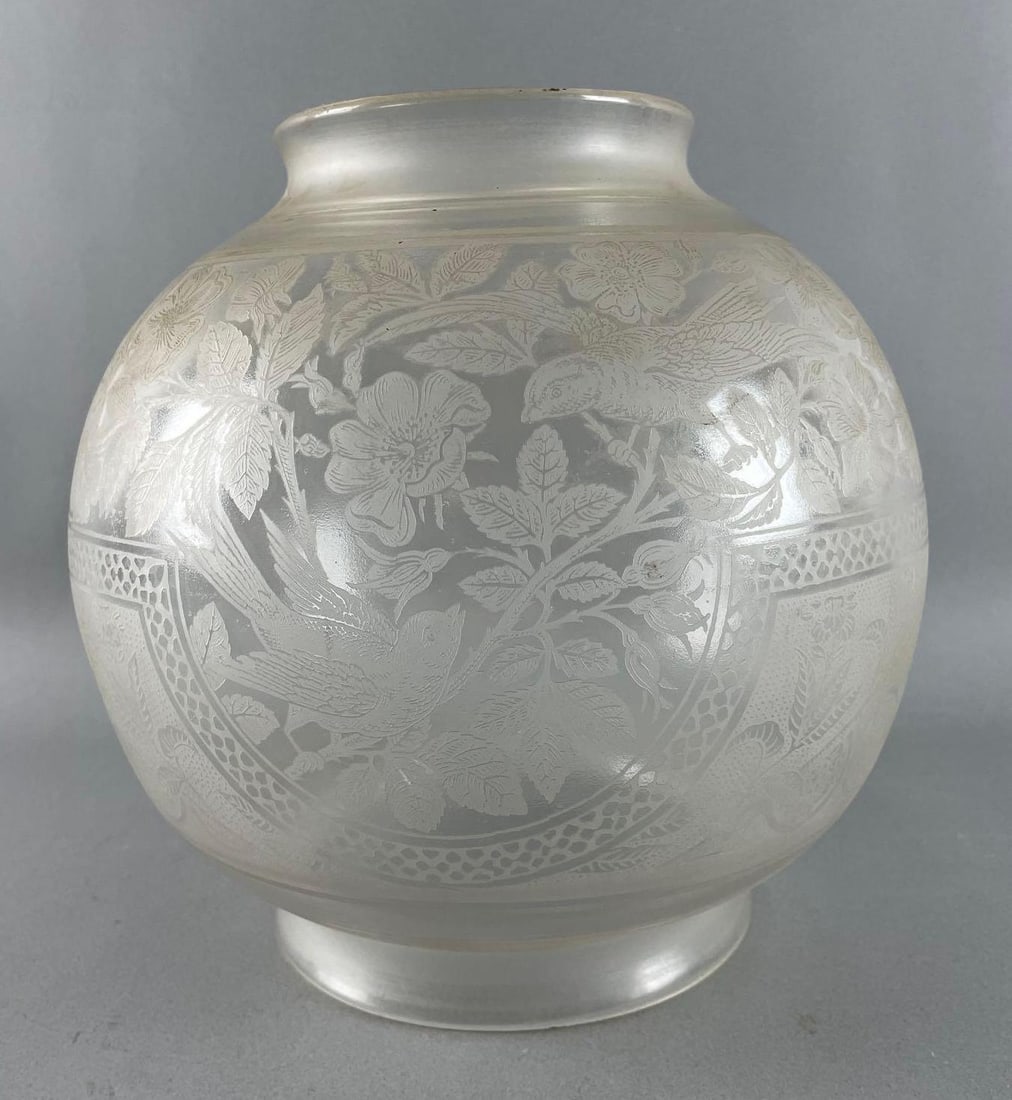 Antique Floral with Birds Etched Glass Bowl Lamp Shade (1 of 6)