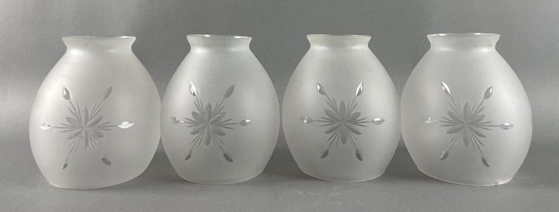 Group of 4 Antique Frosted Cut to Clear Floral Glass Lamp Shades: 3 flower bursts on each. Measure 4 1/2 x 4 inches, 2 1/8 inch fitters