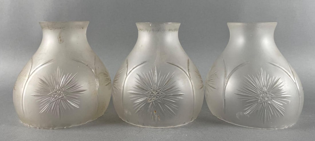 Group of 3 Antique Frosted Starburst Cut Glass Lamp Shades: Scalloped edge, each measure 4 1/2 x 4 1/4 x 2 1/4 fitter