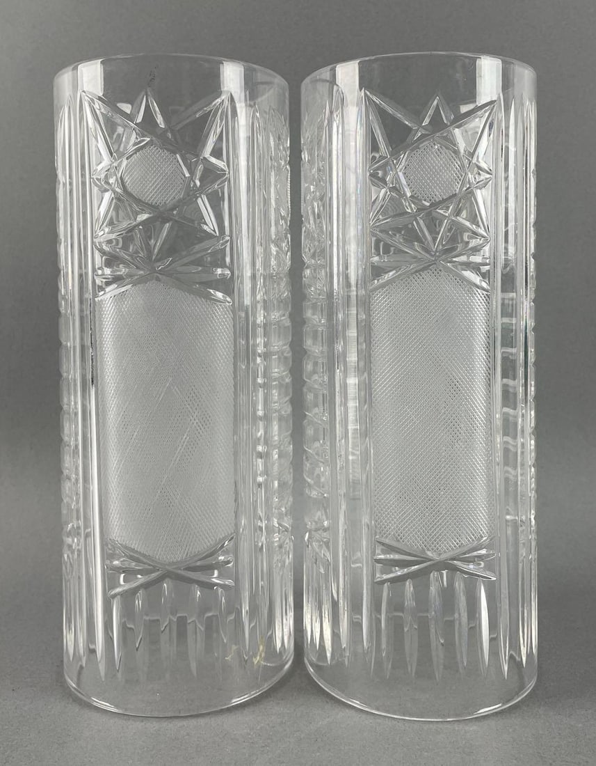 Pair of Antique Cut Glass Cylinder Lamp Shades: Star pattern, each measure 8 x 3 1/4 inches