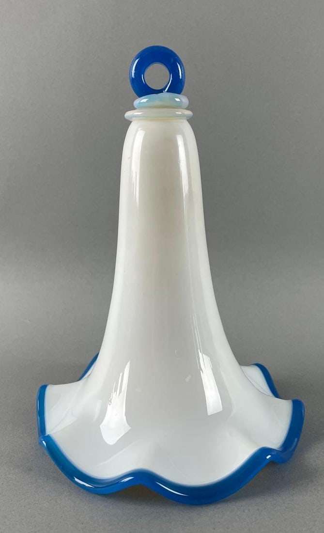 Antique White Glass Smoke Bell with Blue Ruffled Edge: Opalescent ring at top. Measures 7 1/4 x 5 1/2 inches