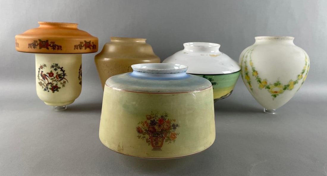 Group of 5 Antique Hand-Painted Glass Lamp Shades: some flea bites on fitters. Large shade with birds and flowers measures 9 x 8 inches, 4 inch fitter