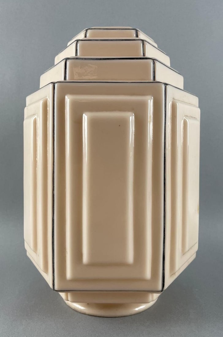 Antique Art Deco Pressed Glass Pendant Light: Pinkish custard color, needs cleaning. Measures 10 1/2 x 7 inches, 4 inch fitter