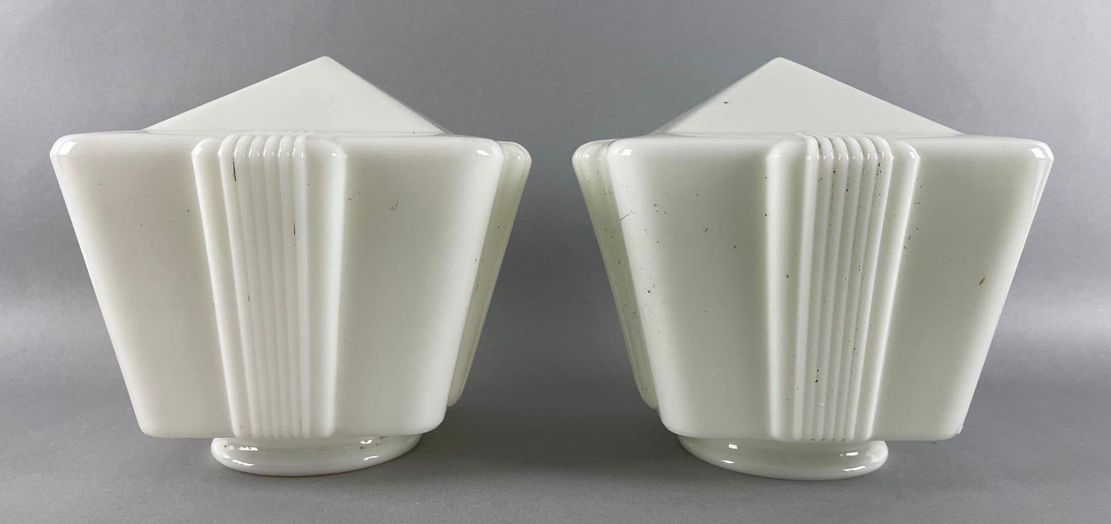 Group of 2 Antique Art Deco White Glass Ceiling Lamp Shades: Art deco style, flea bites on fitters. Each measure 7 x 8 x 8 inches, 4 inch fitters