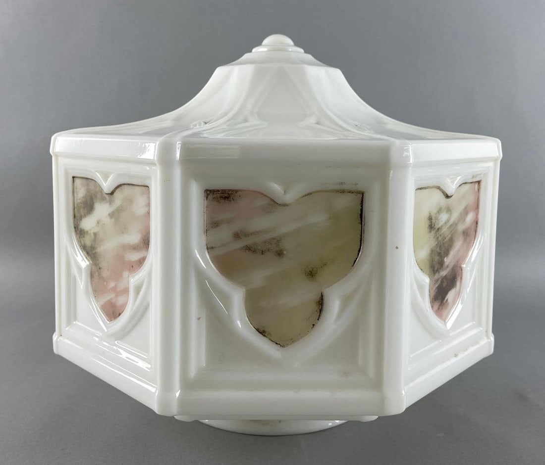 Antique White Glass Hand-Painted Ceiling Lamp Shade: 8 sided, some flea bites on fitter. Measures 10 1/4 x 11 1/2 x 11 1/2 inches, 6 inch fitter