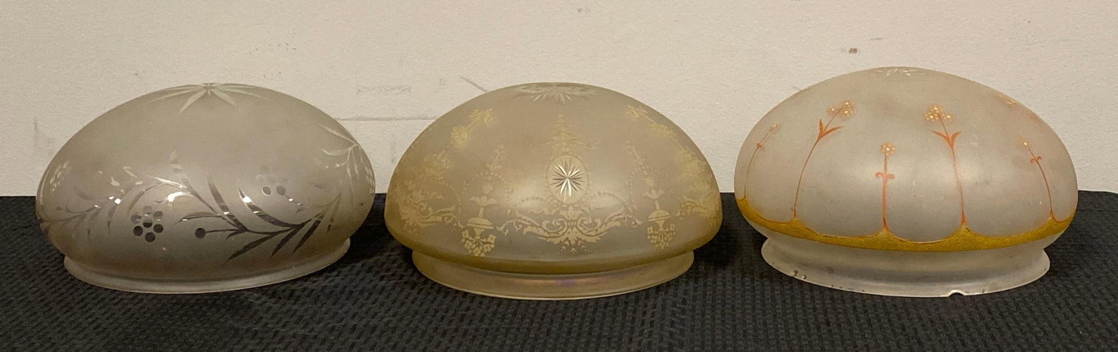 Group of 3 Antique Floral Frosted Clear Lamp Shades: Some chips shown on fitters, Largest measures 7 x 11 1/2 inches, fitter measures 9 1/2 inches