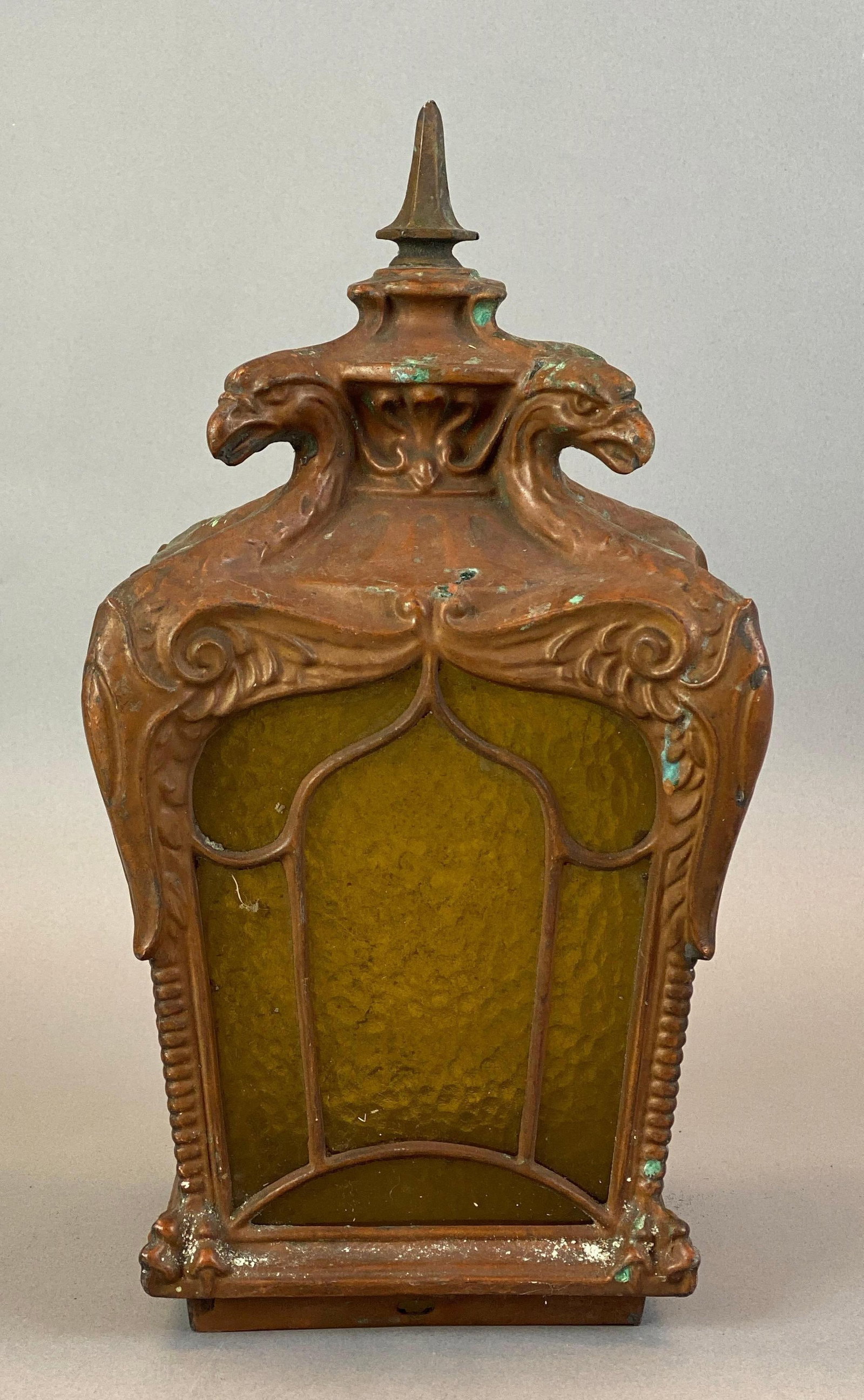 Antique Painted Eagle Ceiling/Post Lamp: Features yellow textured glass, measures 12 1/2 x 7 x 7 inches