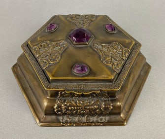 Art Nouveau La Tausca Ornate Brass Bejeweled Jewelry Box