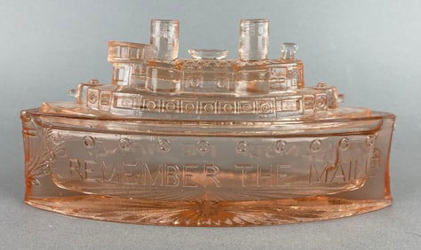 Antique Pink Depression Glass Remember the Maine Battleship Container