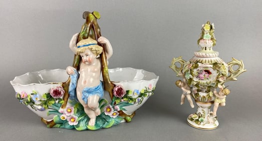 Depose Cherub Porcelain Basket and Potpourri Urn