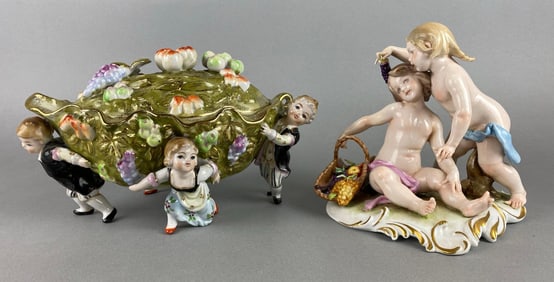 Giuseppe Cappe Porcelain Cherub Figurine and Lidded Dish