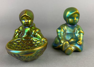 Group of 2 Zsolnay Eosin Green Iridescent Girl Figurines