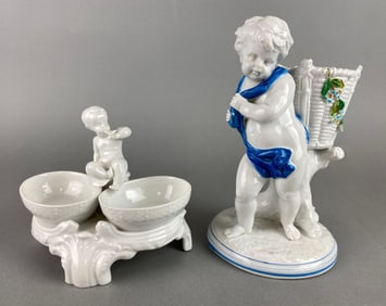 Group of 2 Porcelain Cherub and Basket Figurines