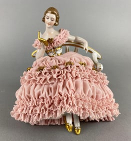 German Dresden Lace Porcelain Reading Lady Figurine