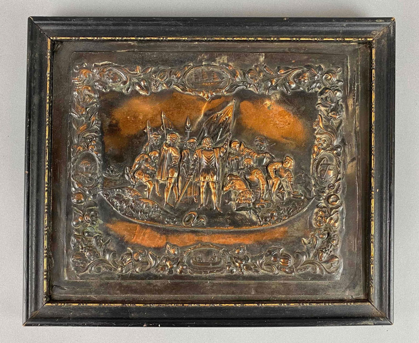 1893/1894 Chicago Worlds Fair Columbian Exposition Copper Relief Souvenir Plaque: Depicts men and staking the ground. Frame measures 10 1/4 x 12 1/4 x 3/4 inches.